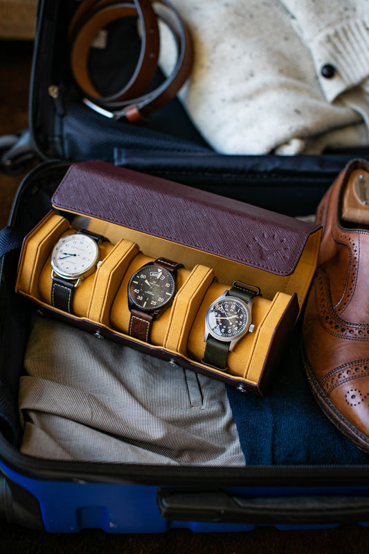 Burgundy Saffiano Hexagon Watch Roll - Three Watches