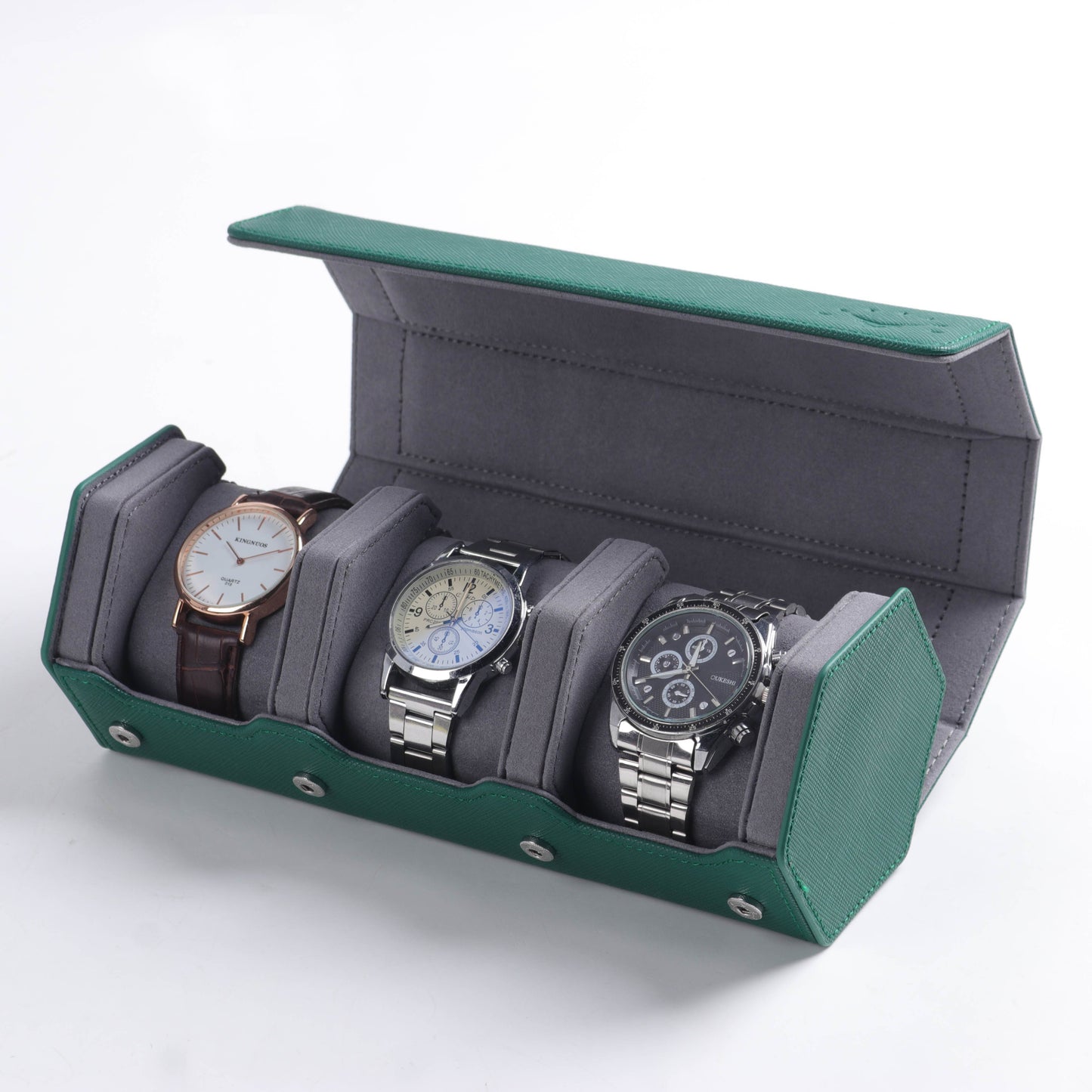 Green Saffiano Leather Traveling Watch Roll - 3 Watches